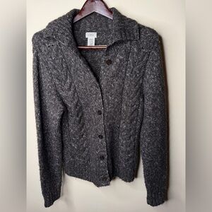 LL BEAN Women’s Wool Cable Knit Cardigan Button Up Turtleneck Brown. Size Small